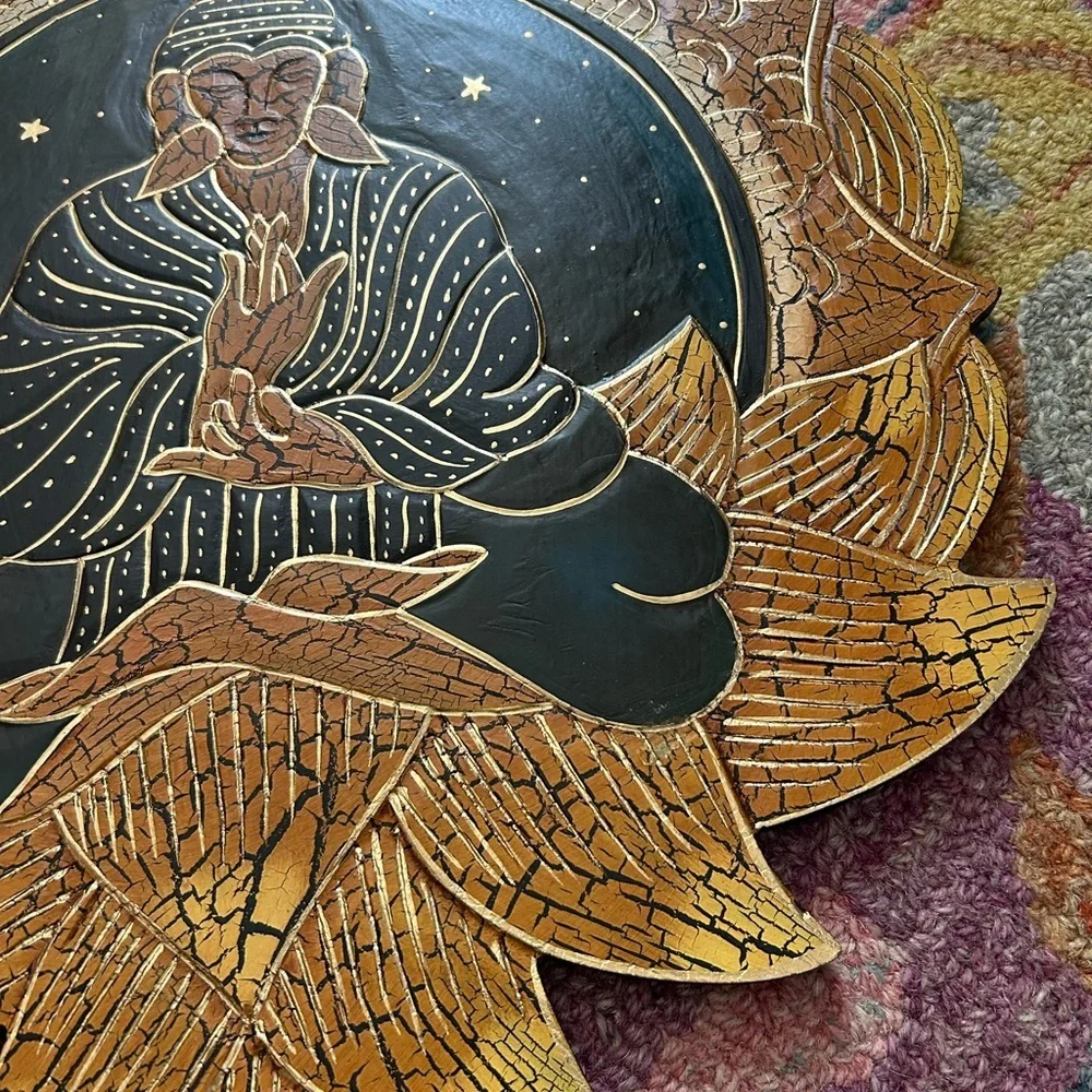 Vintage 15.5" Crackled Wood Handcarved Gold and Black Buddha Wall Art Indonesia - Picture 13 of 15